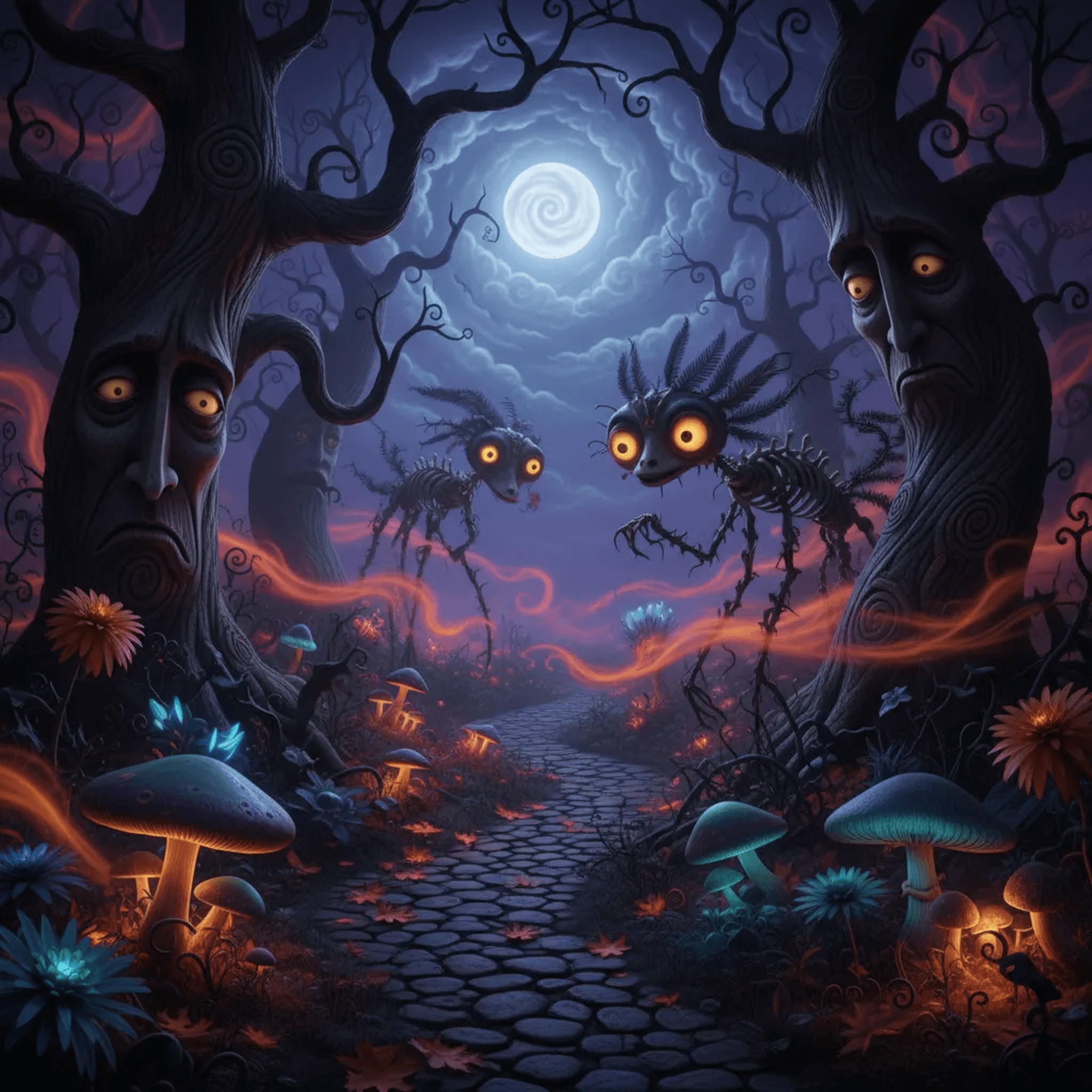 An enchanted forest at night